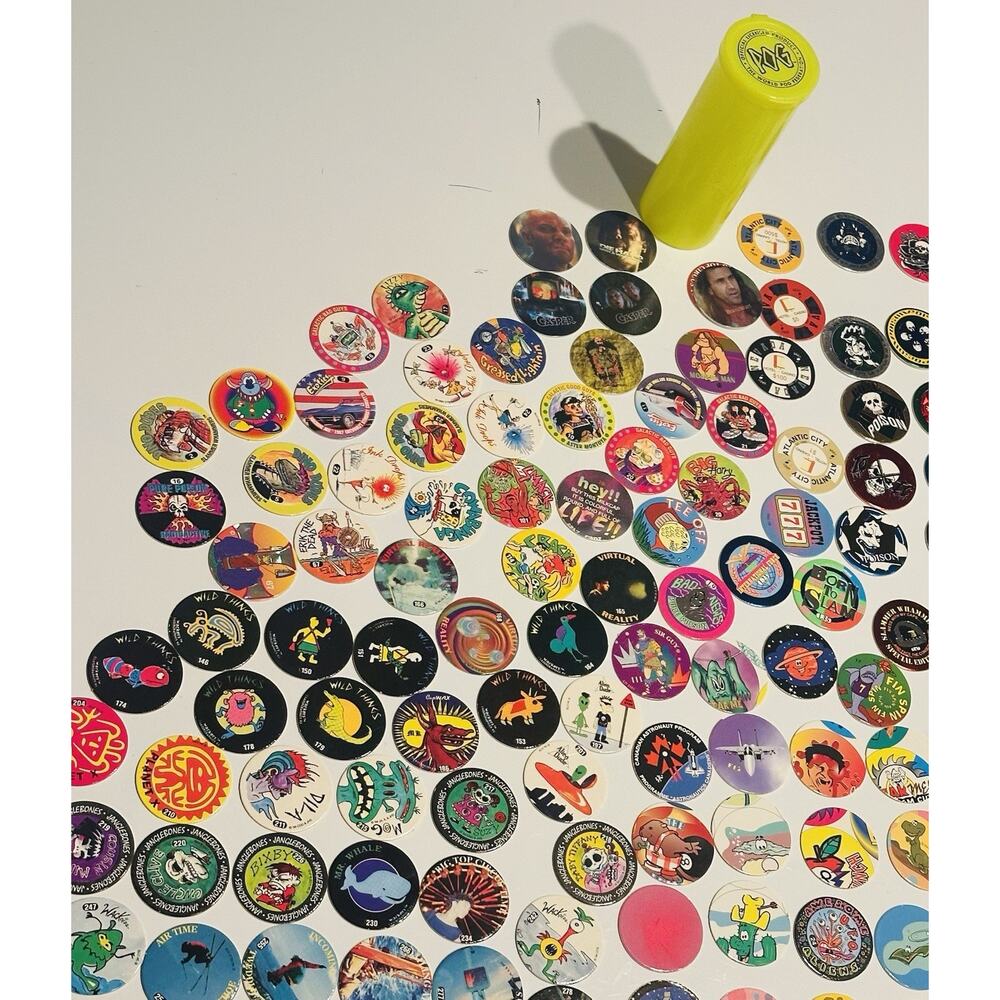 Vintage 90’s POG Collection Lot 100+ POGs w Tube Carry Case – Classic Collectibe